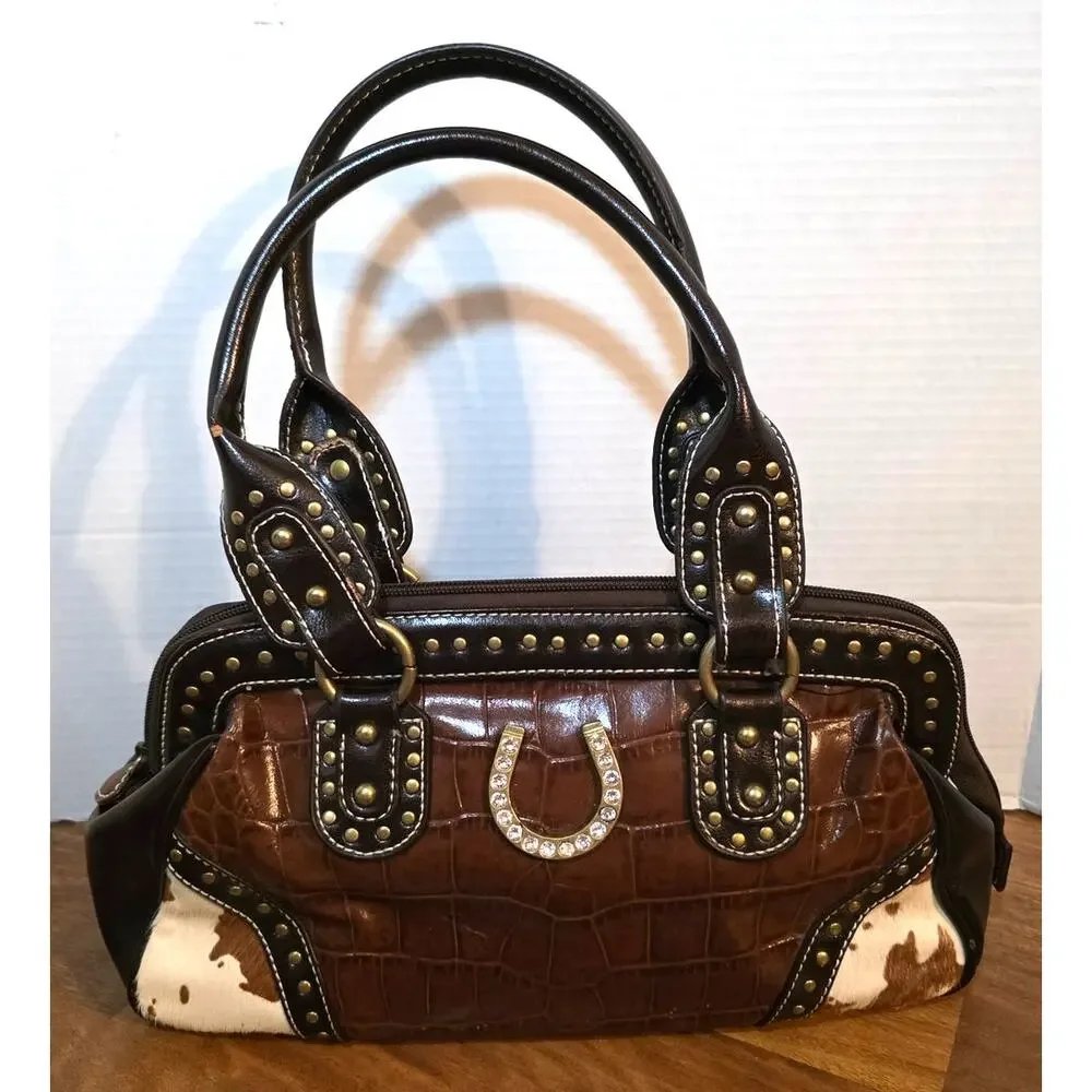 Western Studded Horseshoe Handbag Satchel Purse Croc Embossed Cowhide
